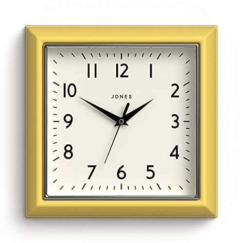 JONES CLOCKS® Mustard wanduhr | Quadratische retrouhr | 25cm | Gelb | Leicht lesbare Zahlen | Perfekt für küche oder büro