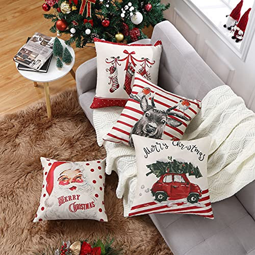 CAROMIO 4er Set Weihnachten kissenbezüge Rot Kissenbezug mit Verstecktem Reißverschluss Weihnachten Kissenhülle für Sofa Wohnzimmer Schlafzimmer Büro Auto Bett 45 x 45 cm
