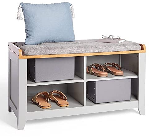 VonHaus Shoe Storage Bench w/Padded Seat & 4 Open Storage Shelves - Grey Hall Shoe Rack Bench w/Ash Wood Veneer Top - Multifunctional Footwear Organiser Seat for Hallway, Entryway & Porch