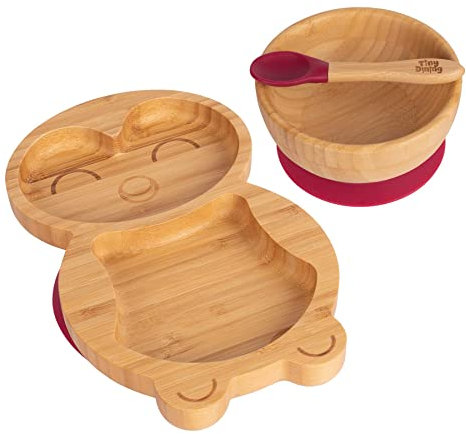 Tiny Dining Baby-Geschirrset – Pinguin – Rot – 3-teilig – geteilter, rutschfester, selbsternährender Baby-Entwöhnungsteller, Schüssel und Löffel aus Bambus für Babys