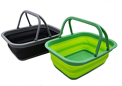SAMMART 9.2L Collapsible Tub with Handle - Portable Outdoor Picnic Basket/Crater - Foldable Shopping Bag - Space Saving Storage Container (Fluorescent Green & Black, 2)