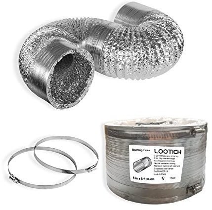 LOOTICH Tuyau d'Evacuation Flexible en Aluminium Gaine de Ventialtion Ø 204mm Longueur 2,5m Kit de Raccord pour Salle de bain Cuisine Sèche-linge avec 2 Colliers de Serrage en Acier