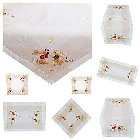 Raebel OHG Tischdecke Mitteldecke Tischläufer Deckchen Kissenhülle Ostern Leinen beige Bestickt mit süßem Osterhasenpaar (110 x 110 cm)