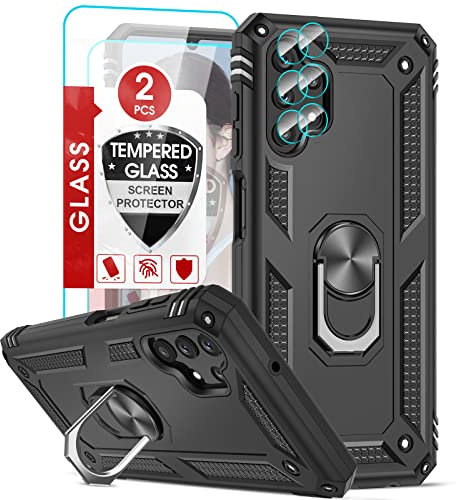 LeYi Hülle für Samsung Galaxy A13 4G Ständer Handyhülle mit 2*Hartglas Handyfolie&Kamera Objektivschutz,Metall Ring Militär Standard Stoßfest Case Handy Hüllen Outdoor Schutzhülle Cover Schwarz