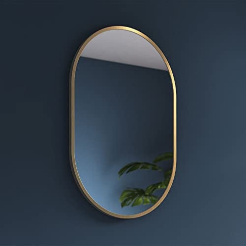 Brushed Brass Oval Bathroom Mirror 400x600mm - Kira Rotatable Round Bathroom Mirrors, Gold Round Mirrors for Walls, Hallways, and Living Room, Pill Shape Aluminum Framed Vanity Wall Mounted Mirror