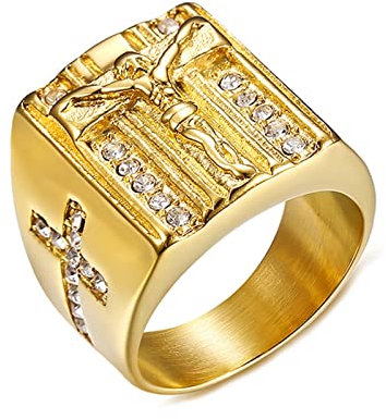 Epinki Verlobung Ring Herren, Edelstahl Bandring Breit Kreuz mit Zirkonia für Männer, Gold, Gr.62 (19.7)