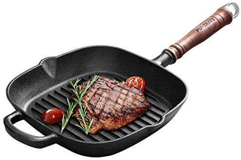 COTBY Frying Pan Square Griddle Pan Cast Iron 3mm Deep Griddle Lines Frying Pan Removable Handle Steak Pan Square 25 * 25cm Frying Pan