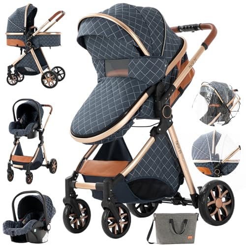 MoLi 3 in 1 Kombikinderwagen 3 in 1 Neugeborenen Kinderwagen Reisesysteme Infant Hochlandschaft Liegender Buggy Kinderwagen Faltbarer Standardkinderwagen (225 Blue)