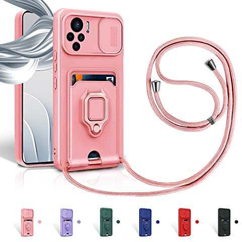 Aithne Cordon de Coque pour Xiaomi Redmi Note 10/ Note 10S,Couvercle Coulissant de la Caméra+Support Annulaire à 360 Degrés,Fentes pour Cartes Lanyard Silicone Case -Pink