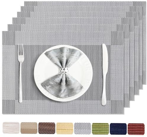 Uolr Silver Grey Vinyl Placemats Set of 6, Heat Resistant Table Placemats