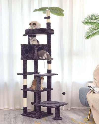 JISSBON 195cm Cat Tree for Indoor Cats, Multi Level Cat Tower with Scratching Posts, Large Plush Perch & Cat Condo with Leaves for Kittens, Adult Cats, Grey