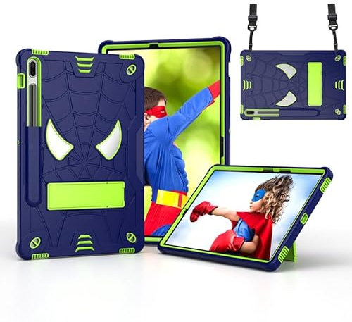 For Samsung Galaxy Tab S7FE/S7 Plus Case, S8 Plus 12.4 Inch Case for Kids, [Bulit-in Kickstand] [Shoulder Strap] [Pencil Holder] 3 Layer Full Protection Shockproof Case Cover, Navy Green