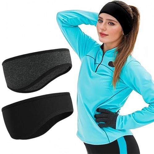 flintronic Polaire Bandeau de Sport, 2 Pièces Hiver Sport Bandeau Cache Oreille, Femmes Hommes Thermique Extensible Cache-Oreilles, pour Sports, Yoga, Danse, Running, Ski, Cyclisme (Noir + Gris Noir)