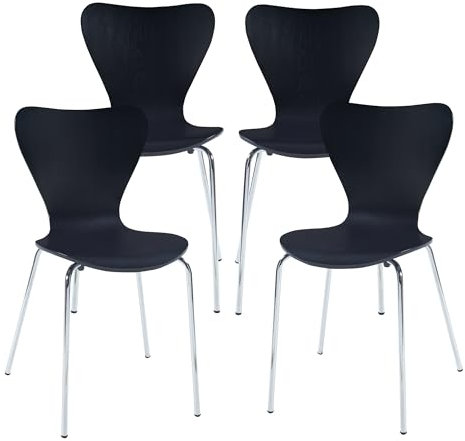 [en.casa] Conjunto de 4 Sillas de Comedor Essunga Set de 4 Asientos de Estilo Escandinavo para Comedor Sala de Estar Madera de Abedul y Metal 80 x 48 x 45,5 cm - Negro/Cromo