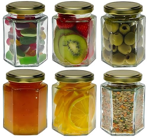 COS Glass Hexagonal Jam Jar 190ml With Gold Lids - Pack Of 24