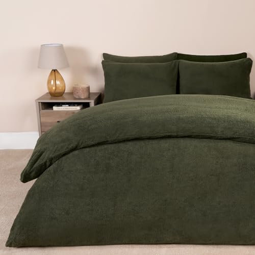 Brentfords Fleece Bedding Double Green, Fluffy Warm Double Duvet Set Winter Christmas Duvet Double with Matching Pillowcases Winter Bedding Double Bed Set - Woodland Green