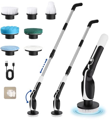Electric Spin Scrubber, Upgraded Cordless Electric Cleaning Brush with Adjustable Handle and 2 Speeds, Floor Scrubber Machine with 7 Brush Heads for Kitchen, Bathroom, Tile, Car and Floor