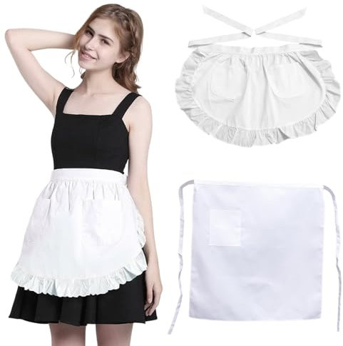 VARKAGE 2 Stück Schürze Weiß, Kochschürze Weiß, Vorbinder Schürze Damen für Mädchen, Damen, Köche und Kellner Zum Kochen, Reinigen, Malen