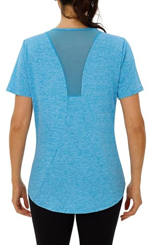 Terecey Sport Tshirt Damen Fitness Funktionsshirt Kurzarm Sportshirt Laufshirt Locker Atmungsaktiv Wandershirt mit Back Mesh Sport Oberteile fur Yoga Zumba, Himmelblau XL