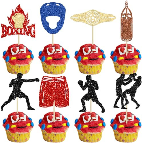 Ephlyn 24Pcs Boxing Player Cupcake Toppers Glitter Boxing Gloves Cupcake Decorations Picks Boxer Gym Theme Baby Shower Birthday Party Supplies Multi