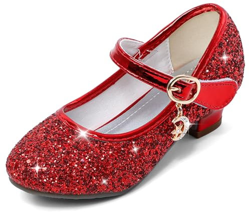 Cheerful Mario 5-10 Years Kids Girls Mary Jane Princess Court Shoes Sparkly Glitter Wedding Party Red 11 UK Child