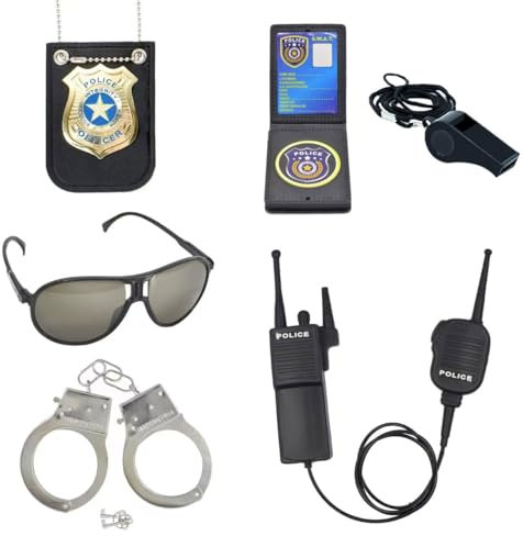 ZUCOS Costume da polizia, per bambini, poliziotto, manette, occhiali da sole, distintivo, cop swat, accessorio per giochi di ruolo, Halloween, costume da festa (4 pezzi, medio)