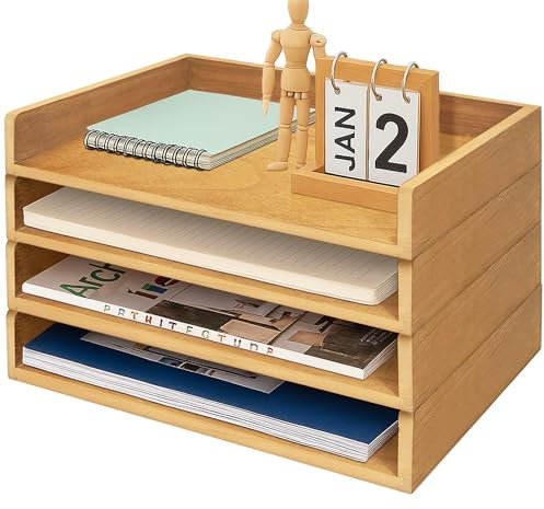 Prolee Stapelbare Papierablage, Holz-Papier-Organizer für den Schreibtisch mit 4 Briefablagen, Papierhalter und Büro-Dokumenten-Organizer für Post-Dokumente, Eiche, 35,6 x 24,1 x 6,3 cm