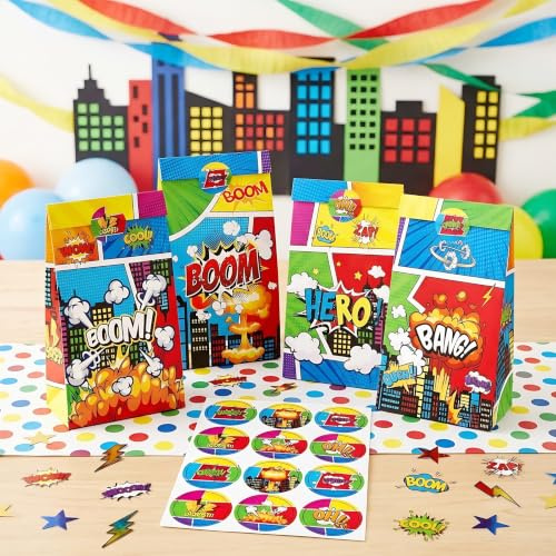 BACH AND BOUJEE 12 Stück Superhelden-Partygeschenktüten, Superhelden-Partyzubehör, Comic-Stil, Dekoration, Superhelden, Partygeschenkbox, Leckerli-Taschen