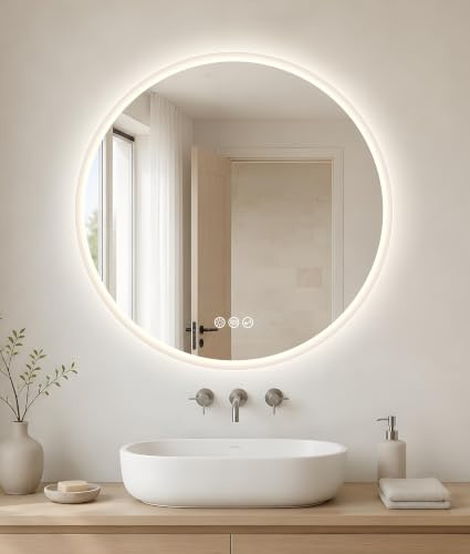 S'bagno 700mm Round Bluetooth Bathroom Mirror with LED Lights | LED Mirror Bathroom, Fogless, 3 Color Temperatures, Dimmable, Memory, Toughened Glass, IP44 Waterproof, CRI>90