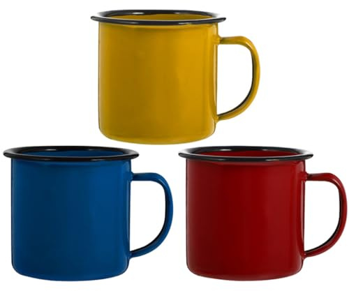 TOMETURE Tazza Smaltata Colorata Vintage, Set 3 Pezzi, Uso Domestico | Bordo Liscio, Presa Comoda, Stile Semplice ed Elegante, Finitura Smaltata per Impiego Quotidiano