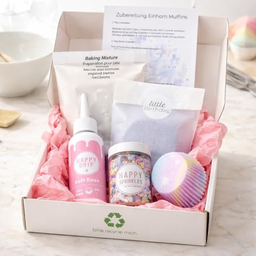 LITTLE BIRTHDAY Back Box Einhorn Backmischung Set | 12 Muffins, Streusel, Förmchen, Schokolade, Dip