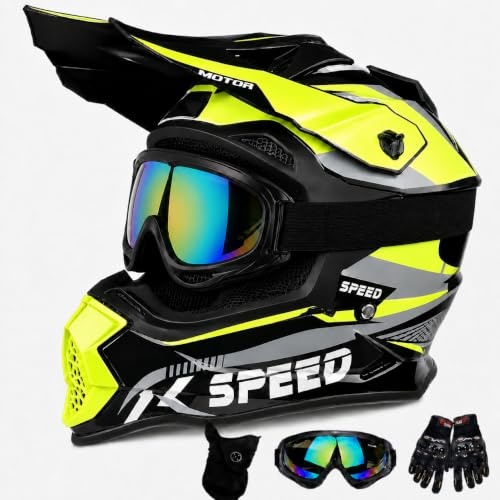 Motocross MTB Helm Fullface, Downhill Motorradhelm Herren Damen mit Handschuhe Maske Brille, Erwachsener Motorrad Downhill Full Face Helm Inklusive 2 Größen Helmfutter