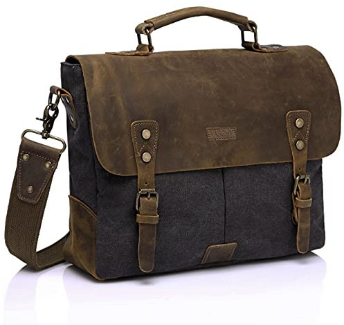 VASCHY Vintage Umhängetasche Damen Herren Canvas Leder Umhängetasche für 15.6 Zoll Laptop mit abnehmbarem Riemen, 15,6 Zoll, Grau, 15.6 Inch, Vintage