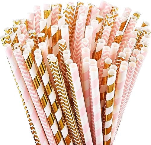 ALINK Biologisch abbaubare Papierstrohhalme, 100 rosa Strohhalme/Goldstrohhalme für Partybedarf, Geburtstags-, Hochzeits-, Braut- / Babypartydekorationen und Feiertagsfeiern