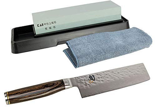 Kai SHUN Premier Tim Mälzer | TDM-1742 NAKIRI | ultrascharfes Japan Damastmesser | 14 cm Klinge | + KAI Schleifstein AP-0305 | 400/1000 Körnung + Premium Poliertuch