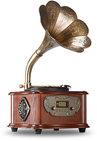 LuguLake Record Player Retro Turntable All in One Vintage Phonograph Nostalgic Gramophone for LP with Copper Horn, Built-in Speaker 3.5mm Aux-in/USB
