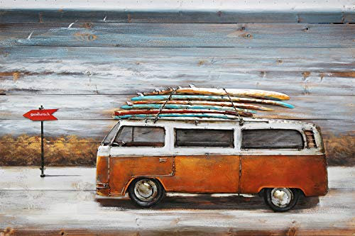 Vintage Line Handgefertigtes Metallbild 3D-Optik Wandbild Verschiedene Größen Kunst Bild (Metallbild Strandbus Orange (ca. 120x80 cm))