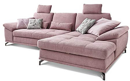 Cavadore Ecksofa Castiel mit Federkern / Großes Sofa in L-Form mit Sitztiefenverstellung, Kopfstützen und XL-Longchair / 312 x 114 x 173 / Webstoff, Flieder-Rosa