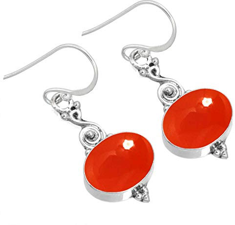 Jeweloporium Orange Karneol Ohrhänger Silber, 925 Sterling Silber Ohrring für Frauen, Echter ovaler Stein Boho Schmuck
