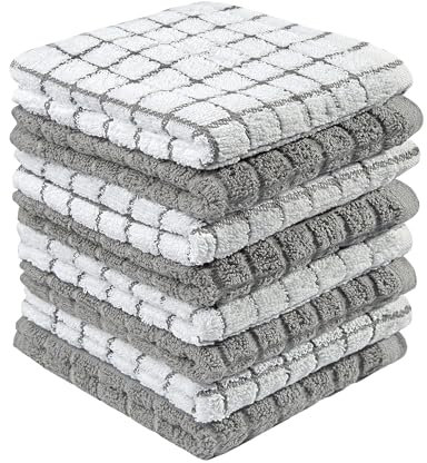 Bumble Premium Cotton Dish Cloths (12 x 12) Grey Check Design | Highly Absorbent | Natural Ring Spun Cotton | Kitchen Dish Towel Set | 380 GSM - 8 Pack