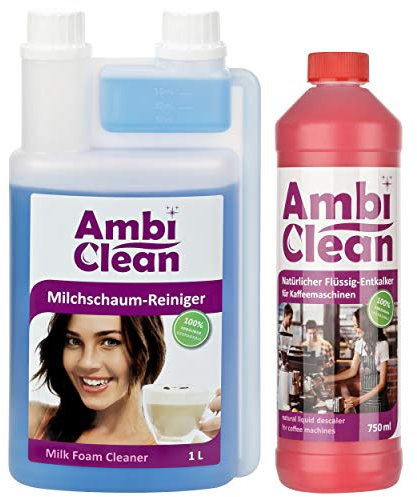 AmbiClean Universal-Milchschaumreiniger/Entkalker-Set | Made in Germany | Für Jura, Siemens, Delonghi, Krups, Melitta, Bosch uvm.| 1x 1 Liter Milchschaumreiniger + 1x 750 Milliliter Flüssigentkalker