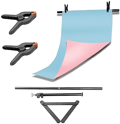 Pixapro 56x88cm Dual Sided Coloured Paper Backgrounds Food Photography Backdrop Lighting Self Tape Photo shoot Portrait Studio Screen Kit Filming Light Booth (With Stand, Pink/Sky Blue)