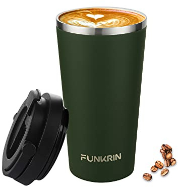 Funkrin Insulated Coffee Mug with Ceramic Coating, 16oz Iced Coffee Tumbler Cup with Flip Lid and Handle, Double Wall Vacuum Leak-Proof Travel Mug for Office School Party Camping