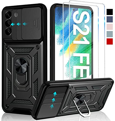 Croazhi Kameraschutz Handyhülle für Samsung Galaxy S21 Fe 5G Hülle mit Panzerglas *2 pcs, 360 Grad Metall Ring Halter Militär Standard Stoßfest Schutzhülle Handy Hüllen für Samsung S21 Fe Case Cover