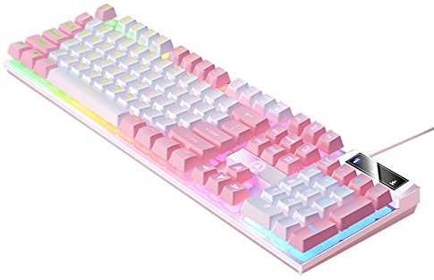 NALLBEIRRAA Gaming Keyboard,Rainbow LED Backlit Mechanical Feeling USB Wired Waterproof RGB Backlight Full Anti-ghosting Keyboard for Computer/PC/Laptop/MAC (White + Pink)