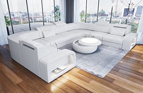 Sofa Wohnlandschaft Foggia in u Form mit USB Port LED-Beleuchtung Ledersofa mit Kopfstützen (Lange Seite rechts, White)