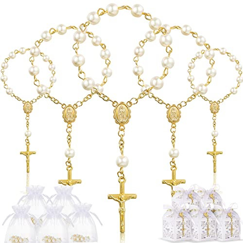 50 Packs Set de Faveurs de Baptême Chapelet de Baptême Perle Chapelet en Acrylique Fausse Perle avec Sac en Organza et Croix Boîte de Faveur de Baptême avec Ruban (Bracelet de Perle Or)