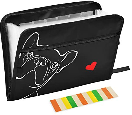 Mnsruu Bulldogge Welpe Hund Französische Liebe Herz 13 Taschen Fächermappe mit Etiketten, Akkordeon-Aktenordner Aktenordner Aktenordner Brief A4 Papier für Büro Schule Student
