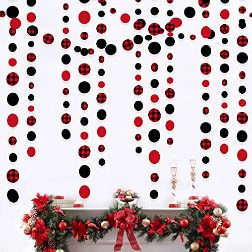 46Ft Red Black Plaid Circle Dots Garland Party Decorations Hanging Buffalo Checkered Gingham Paper Polka Dot Bunting Streamer for Christmas Birthday Wedding Engagement Festival Home Kids Room Nursery