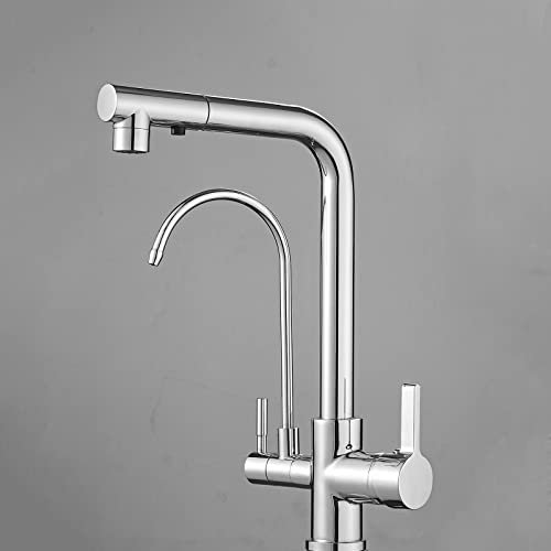 Grifo Osmosis 3 Vias Grifo Fregadero Extensible con Osmosis Grifería Fregadero con Dos Caños 3 en 1 Grifo Mezclador Fregadero Filtro Agua Grifo Cocina Cromo